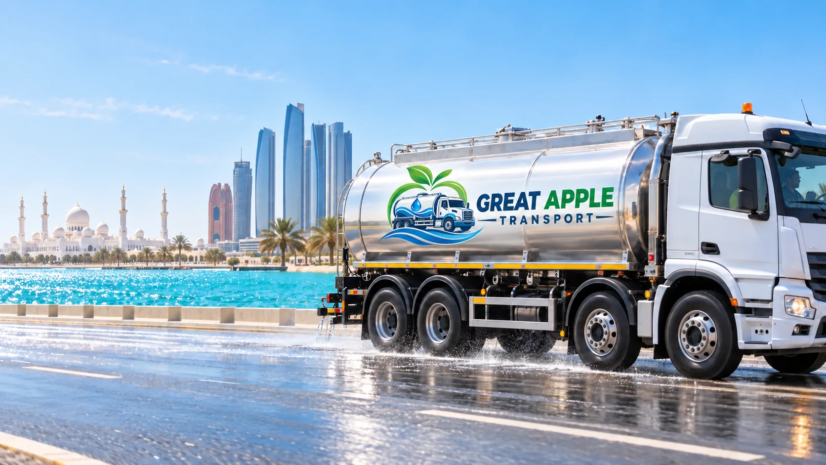 Illustrative Great Apple branded water tanker travelling along the Abu Dhabi coast